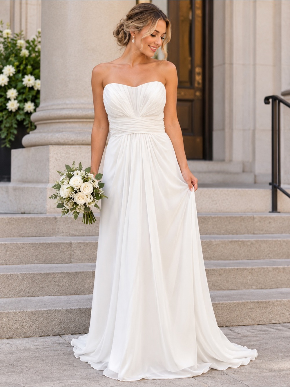 Romantic Strapless White Chiffon Wedding Dress
